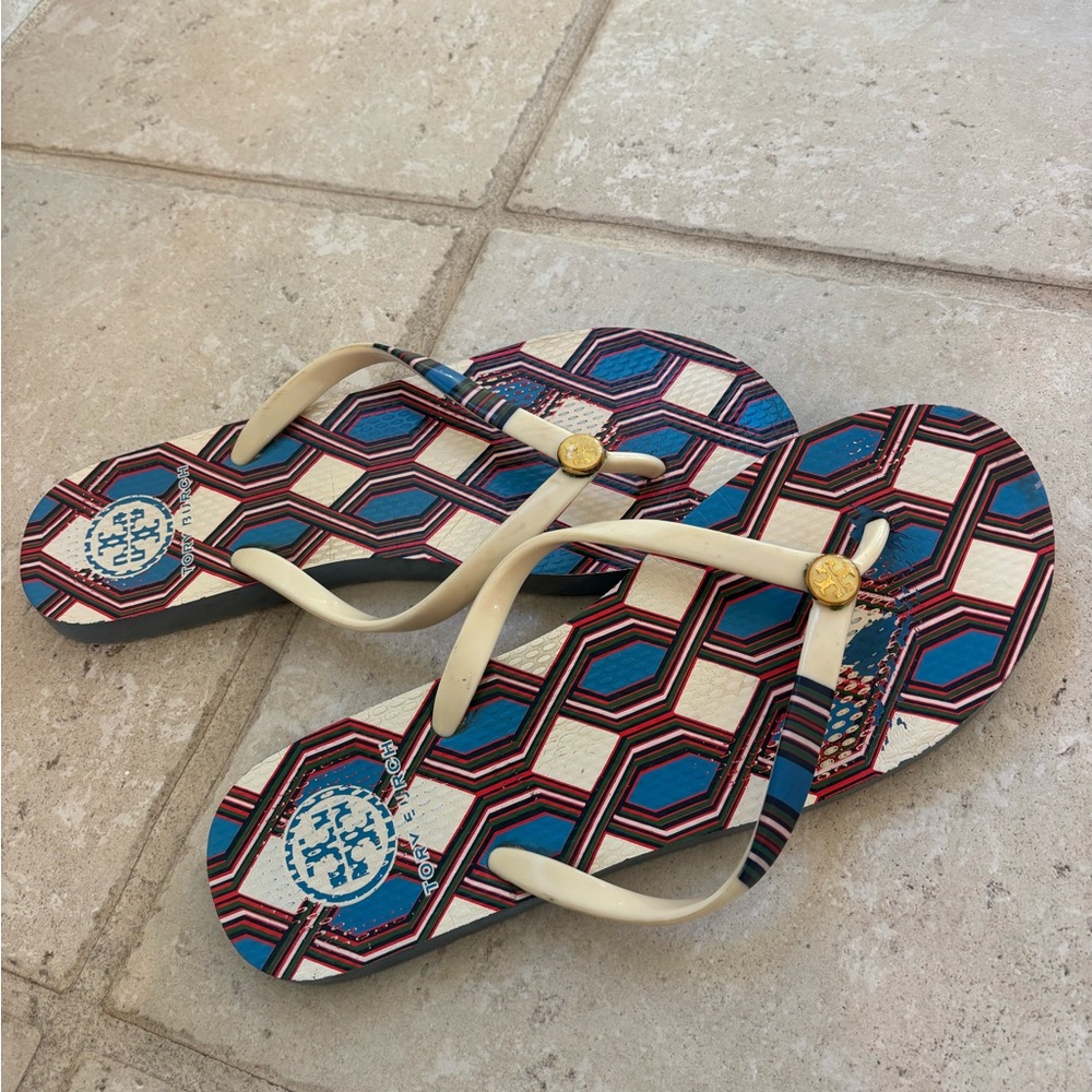 Tory Burch Geometric Blue and Red Flip Flops